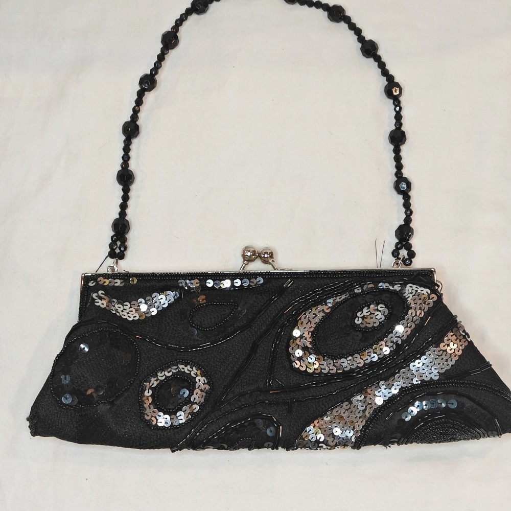 Evening Clutch Women Small Black Beaded Silver Sequin Vintage Glam Bag Gold